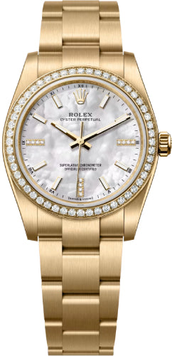 Rolex Oyster Perpetual 34MM Yellow Gold White Mother-Of-Pearl Dial Diamond Dial & Diamond Bezel- 124248RBR - 2026