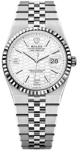 Rolex Land-Dweller 36 White Gold Oystersteel Intense White Honeycomb Motif Dial Fluted Bezel Flat Jubilee Bracelet 127234