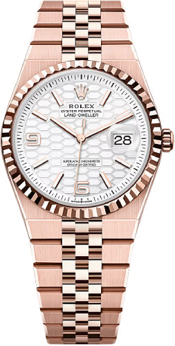 Rolex Land-Dweller 36 Everose Gold Intense White Honeycomb Motif Dial Fluted Bezel Flat Jubilee Bracelet 127235