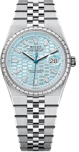 Rolex Land-Dweller 36 Platinum Ice Blue Honeycomb Motif Dial Baguette Diamond-Set Bezel Flat Jubilee Bracelet 127286TBR