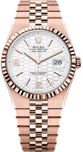 Rolex Land-Dweller 40 Everose Gold Intense White Honeycomb Motif Dial Fluted Bezel Flat Jubilee Bracelet 127335