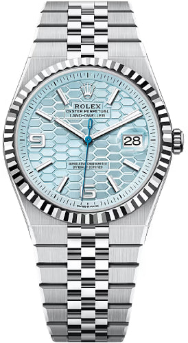 Rolex Land-Dweller 40 Platinum Ice Blue Honeycomb Motif Dial Fluted Bezel Jubilee Bracelet 127336