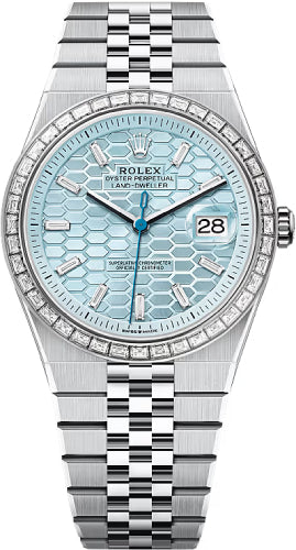 Rolex Land-Dweller 40 Platinum Ice Blue Honeycomb Motif Diamond Set Dial Baguette Diamond-Set Bezel Flat Jubilee Bracelet 127386TBR