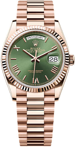 Rolex Day-Date 36mm Olive Green Dial Fluted Bezel President Bracelet - 128235