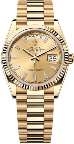 Rolex Day-Date 36 36mm Champagne Diamond-set Dial Fluted Bezel President Bracelet - 128238