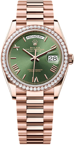 Rolex Day-Date 36mm Olive Green Dial Diamond-Set Bezel President Bracelet - 128345RBR