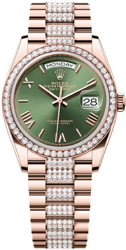 Rolex Day-Date 36mm Olive Green Dial Diamond Set Bezel Diamond Set President Bracelet - 128345RBR
