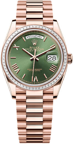 Rolex Day-Date 36mm Olive Green Dial Diamond Set Bezel President Bracelet - 128395TBR