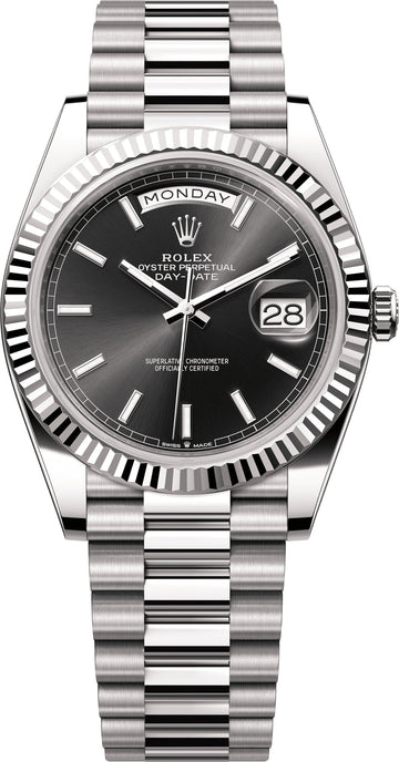 Rolex Day-Date 40 in 18 ct white gold bright black dial Fluted Bezel President Bracelet - 228239