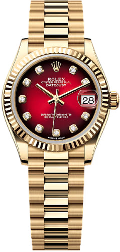 Rolex Datejust 31 Yellow Gold Red Ombré Diamond Set Dial Fluted Bezel President Bracelet - 278278