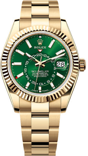 Rolex Sky-Dweller Yellow Gold 42mm Bright Green Dial Fluted Bezel Oyster Bracelet - 336938