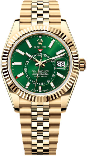 Rolex Sky-Dweller Yellow Gold 42mm Bright Green Dial Fluted Bezel Jubilee Bracelet - 336938