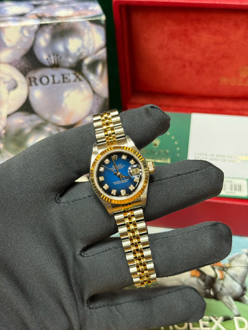 2002 Rolex Datejust Blue Diamond Vignette Dial on Jubilee 79173 with Box