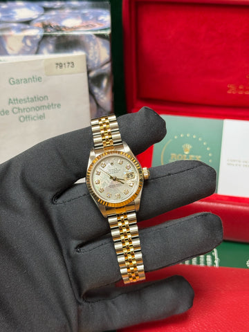 2004 Rolex Datejust Factory White Mother of Pearl Diamond Dial on Jubilee 79173 Complete