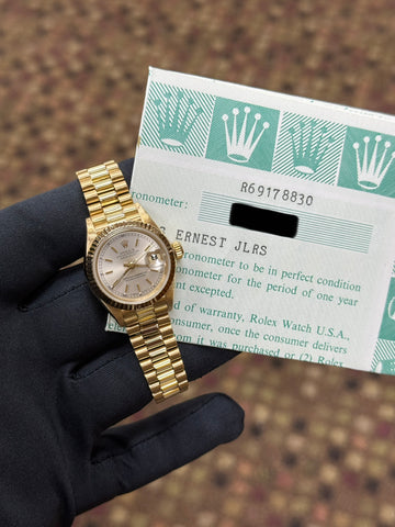 1985 Rolex Datejust Lady President Silver Stick Dial on President 69178 Papers