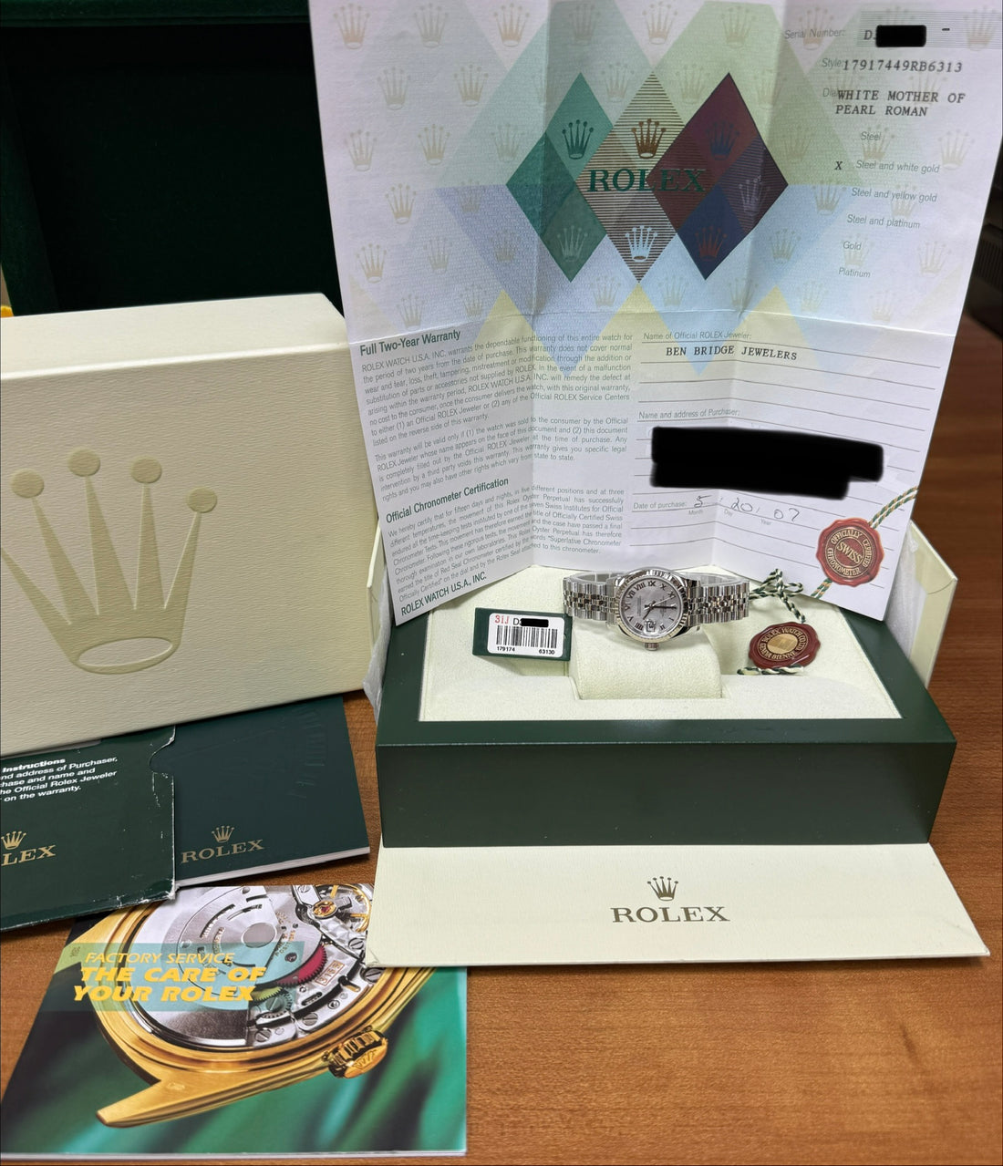 2007 Rolex Datejust Lady White Mother Of Pearl Roman Dial on Jubilee 179174