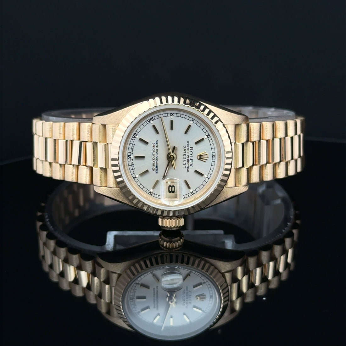 1985 Rolex Datejust Lady President Silver Stick Dial on President 69178 Papers