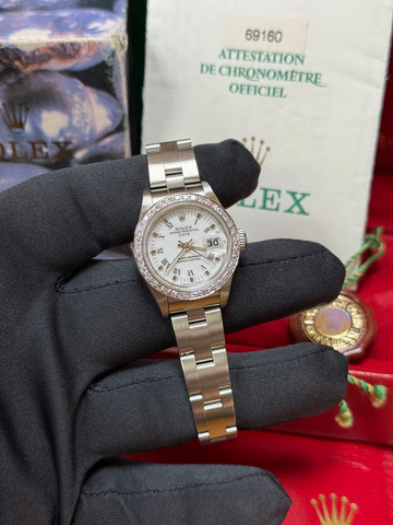 1999 Rolex Oyster Perpetual Date White Buckley Dial on Oyster 69160 Complete