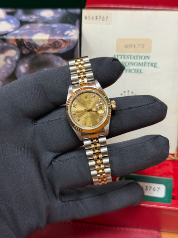 Open Date Rolex Lady-Datejust Factory Champagne Diamond Dial on Jubilee 69173 Complete