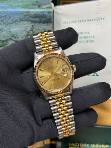 1999 Rolex Datejust 36 Champagne Stick Dial on Jubilee 16233 Complete